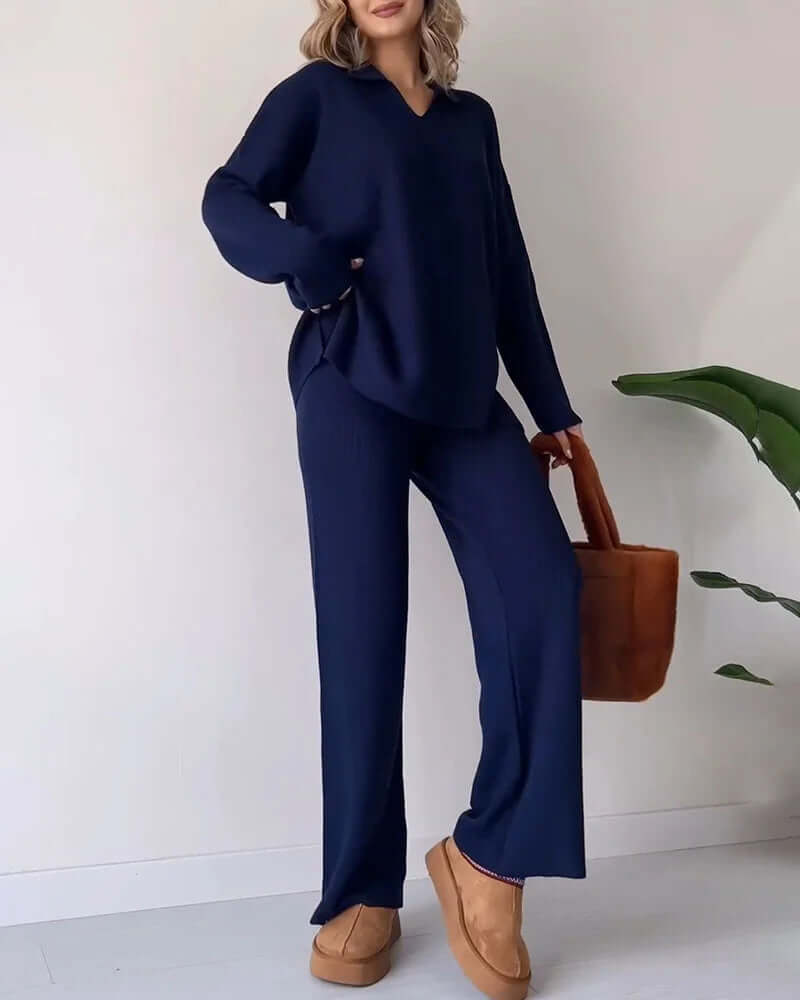 Warm ribbed knit loungewear set for women, perfect winter essentials & cozy comfort wear.