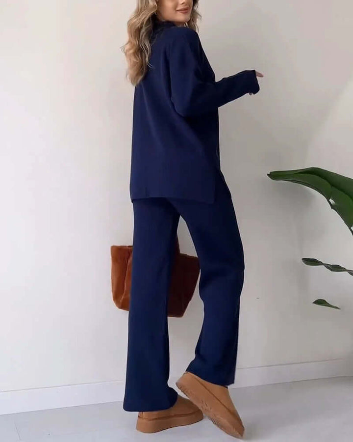Chic women's ribbed knit loungewear set, a versatile two-piece for casual fashion & relaxed style.