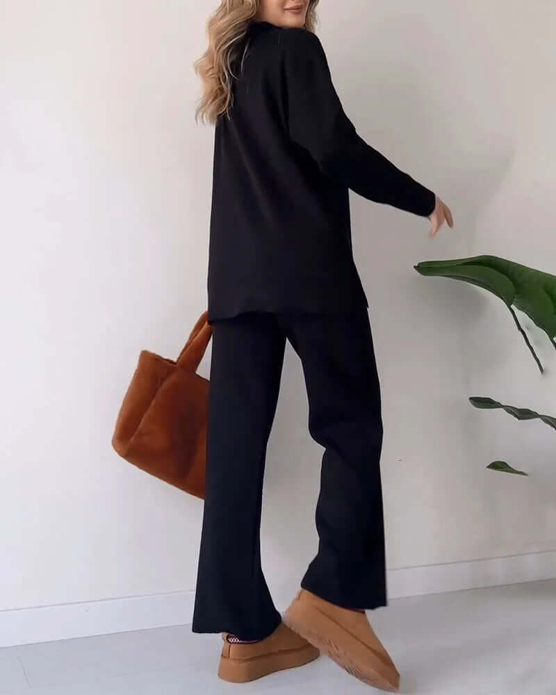 Soft ribbed knit loungewear set for women, offering a comfortable relaxed fit & casual elegance.