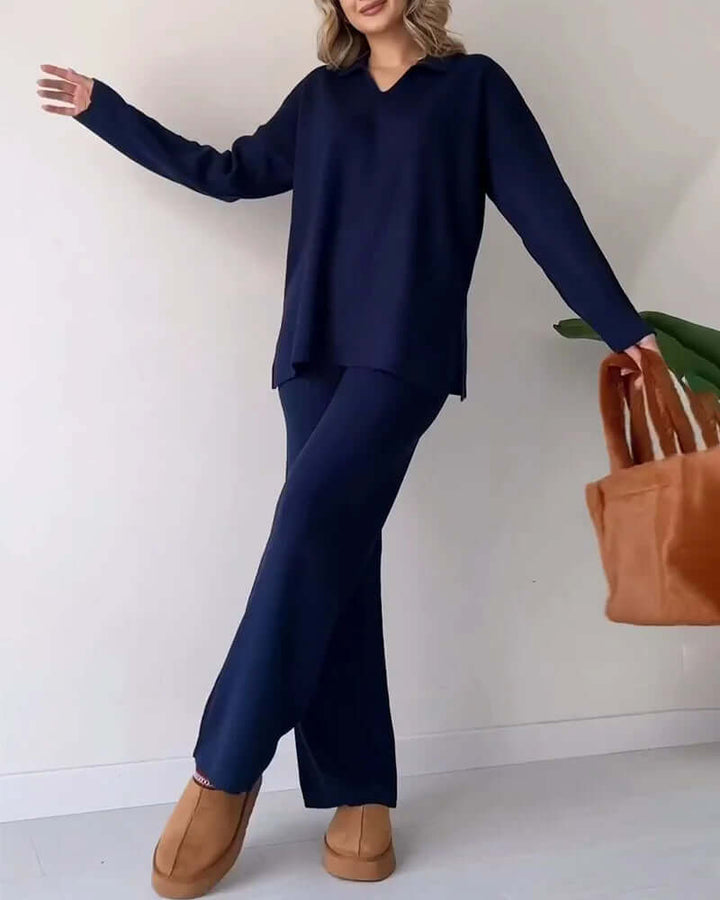 Women's two-piece ribbed knit loungewear set, ideal for cozy comfort & stylish home wear.