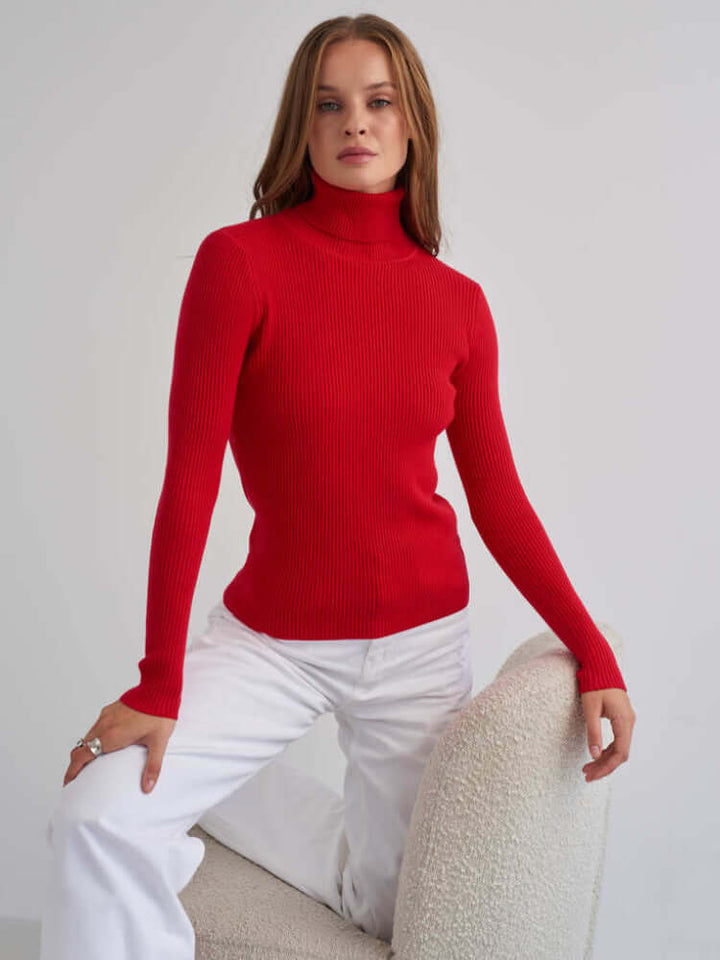 Elegant women's ribbed knit turtleneck sweater. Warm long-sleeve pullover for winter fashion.