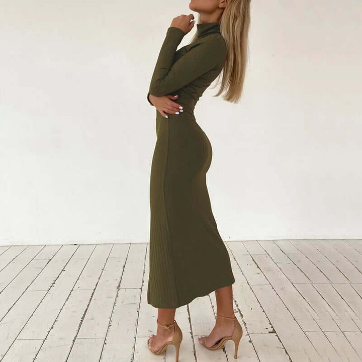Detailed view of the ribbed knit fabric on a women's two-piece crop top & midi skirt set.