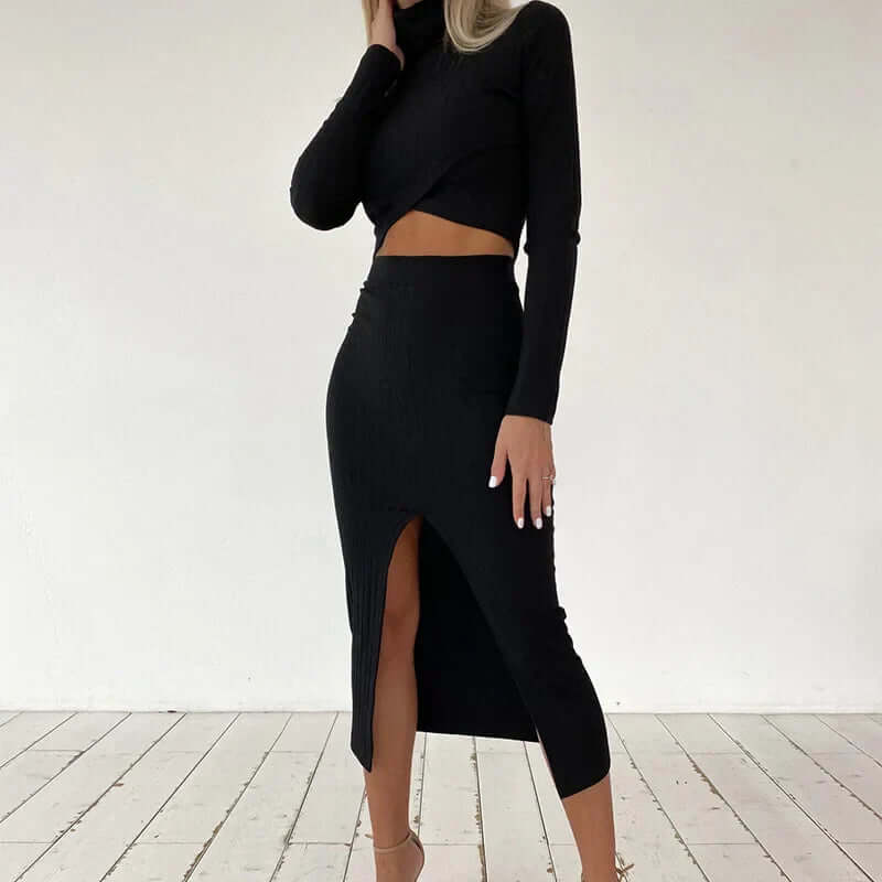 Modern women's ribbed knit two-piece set with a stylish crop top and elegant midi skirt design.
