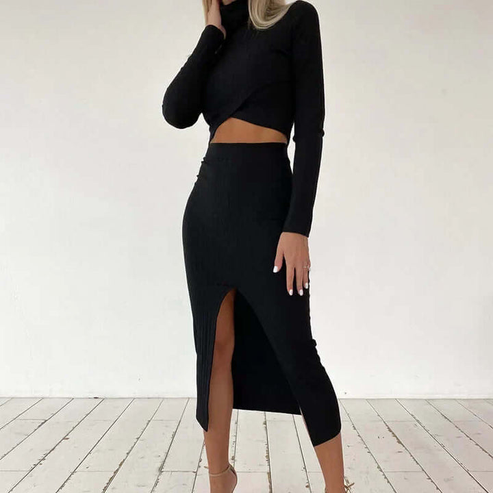 Modern women's ribbed knit two-piece set with a stylish crop top and elegant midi skirt design.