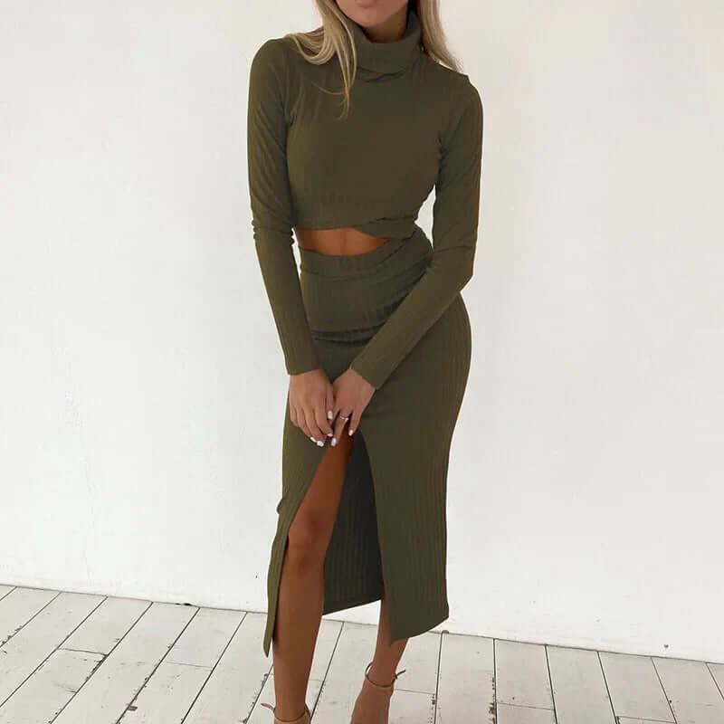 Soft ribbed knit two-piece set for women, including a fashionable crop top & midi skirt.