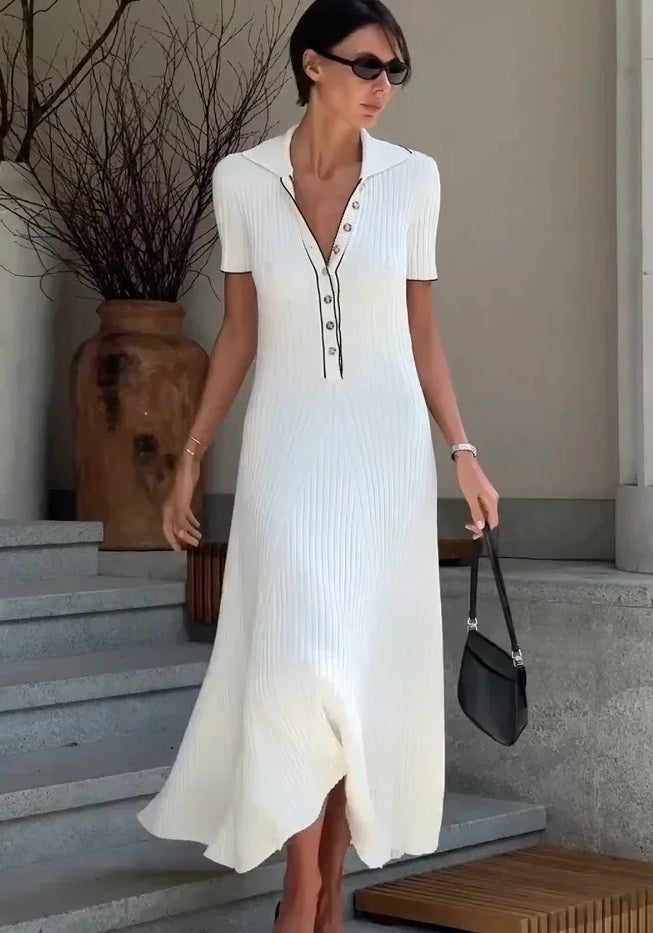 Women's ribbed knit V-neck maxi dress with button detail, elegant & comfortable.