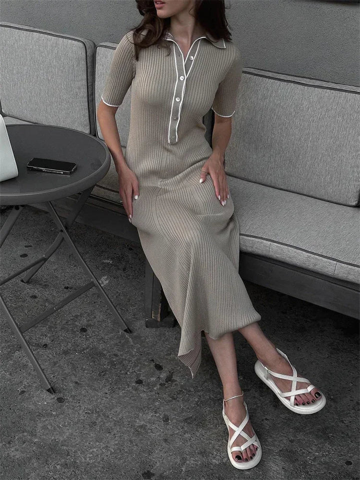 This elegant women's V-neck ribbed knit maxi dress with button detail offers comfort & style.