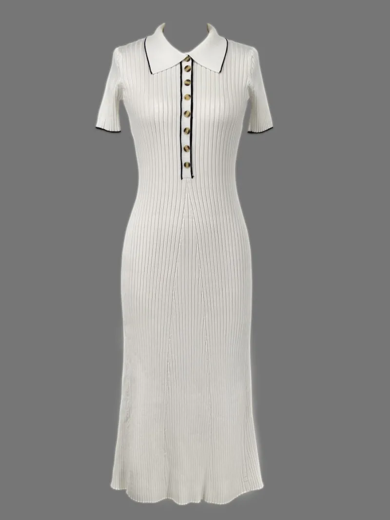 Comfortable and elegant women's ribbed knit V-neck maxi dress with button detail; versatile wear.