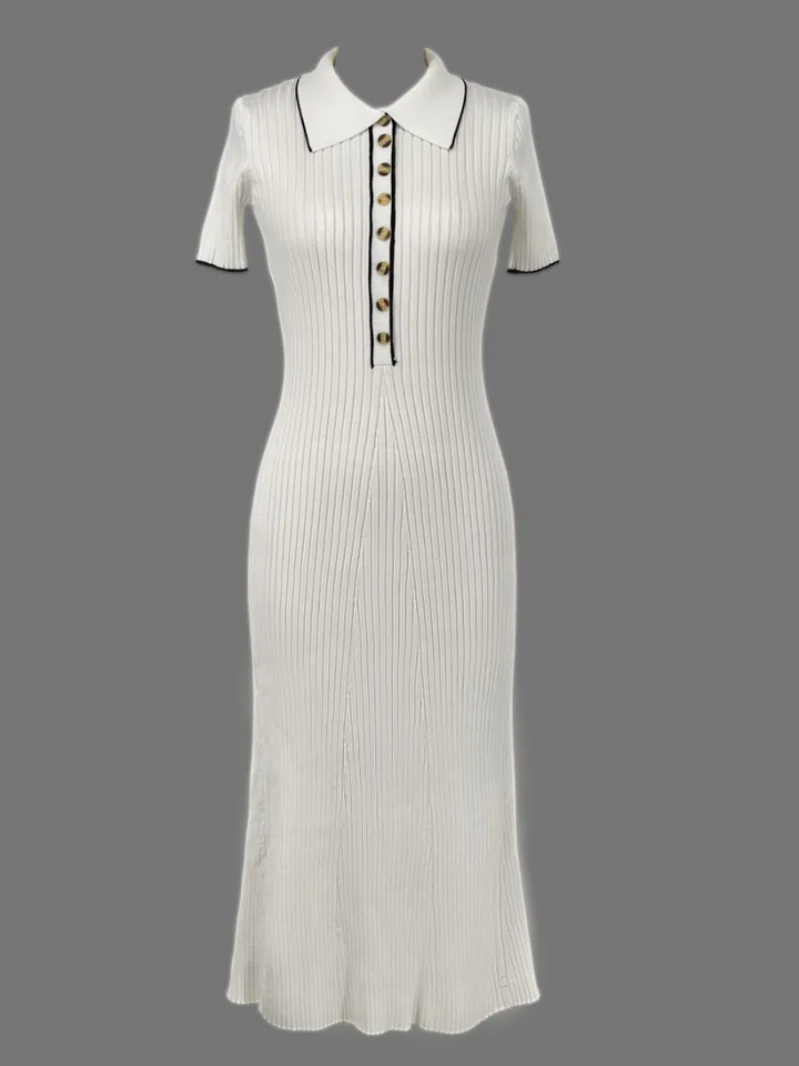 Comfortable and elegant women's ribbed knit V-neck maxi dress with button detail; versatile wear.