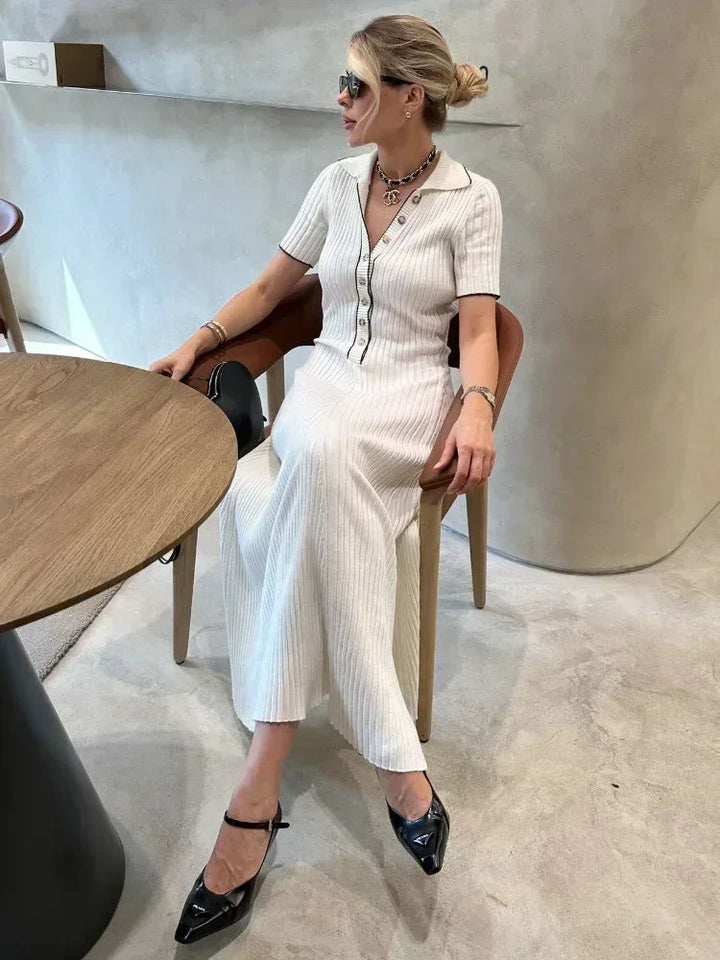 Comfortable women's ribbed knit maxi dress, V-neck, button detail, ideal for versatile fashion.