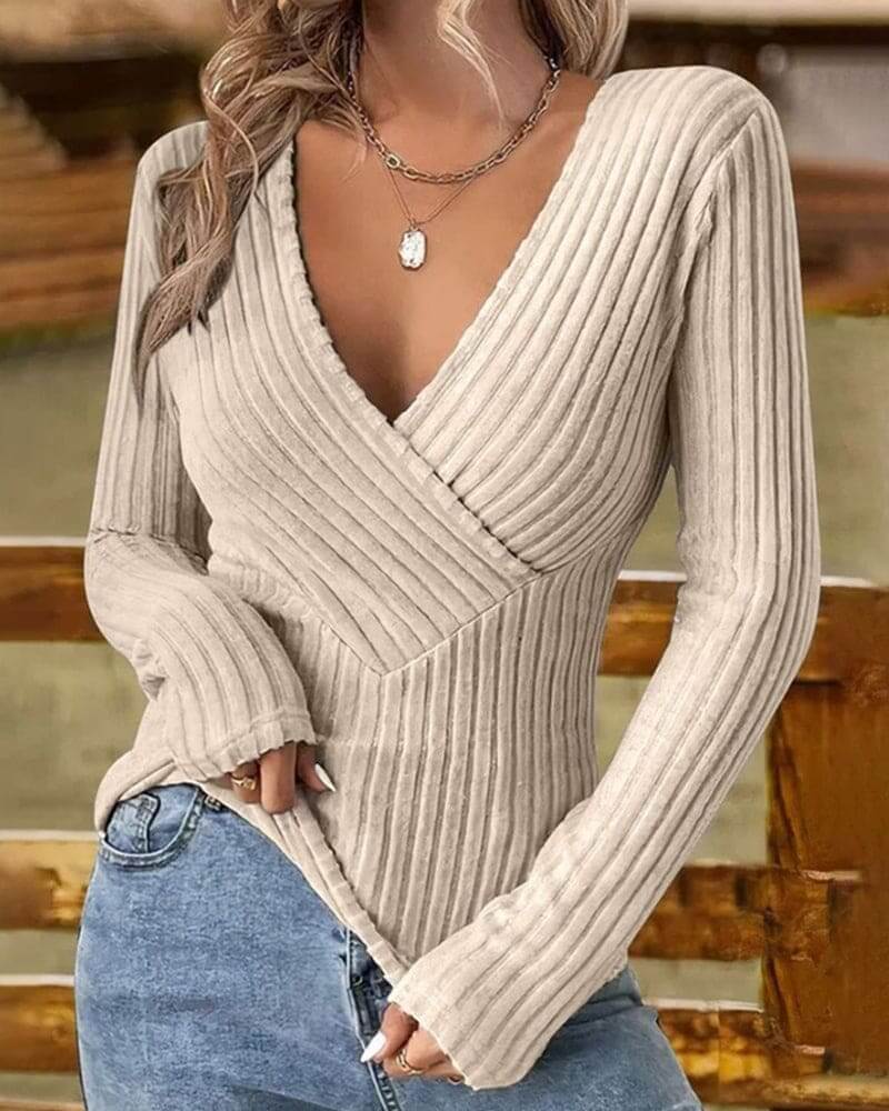 Women's ribbed knit wrap V-neck sweater, long sleeve for casual fall & winter style.