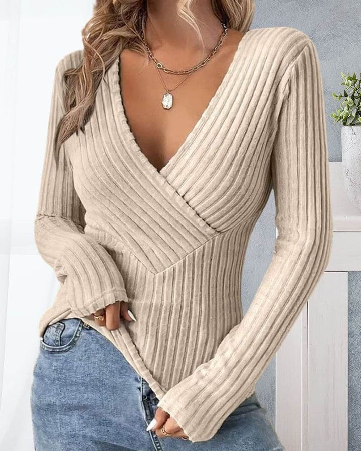 Chic women's ribbed V-neck wrap sweater, long sleeve, perfect for versatile fall fashion.