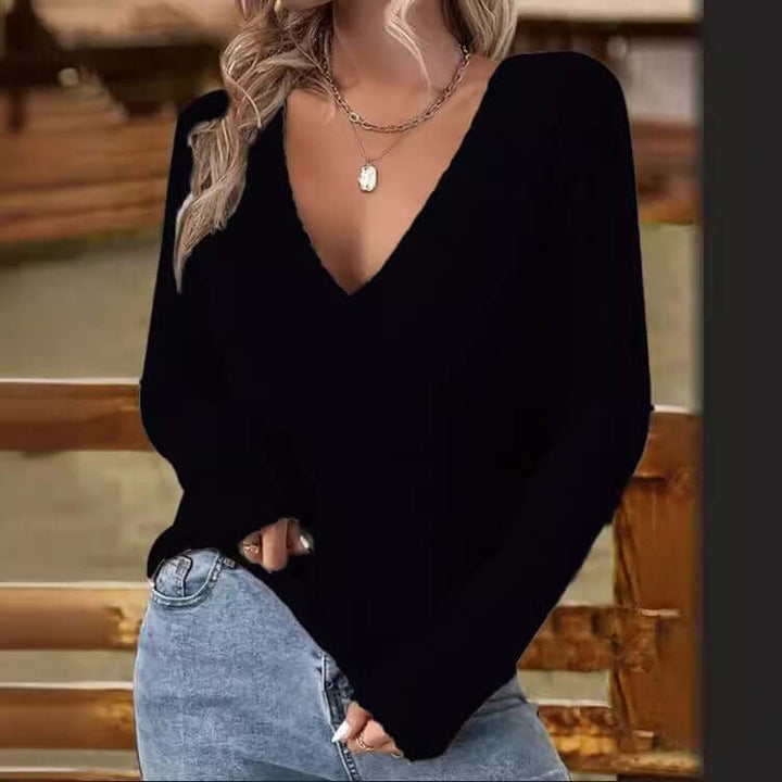 Elegant women's long sleeve ribbed wrap V-neck sweater, ideal for winter casual wear.