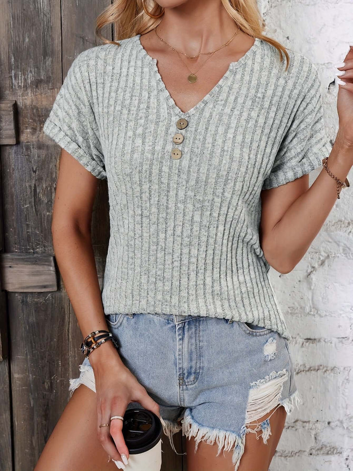Versatile women's long sleeve ribbed knit henley shirt, casual & comfortable for any season.