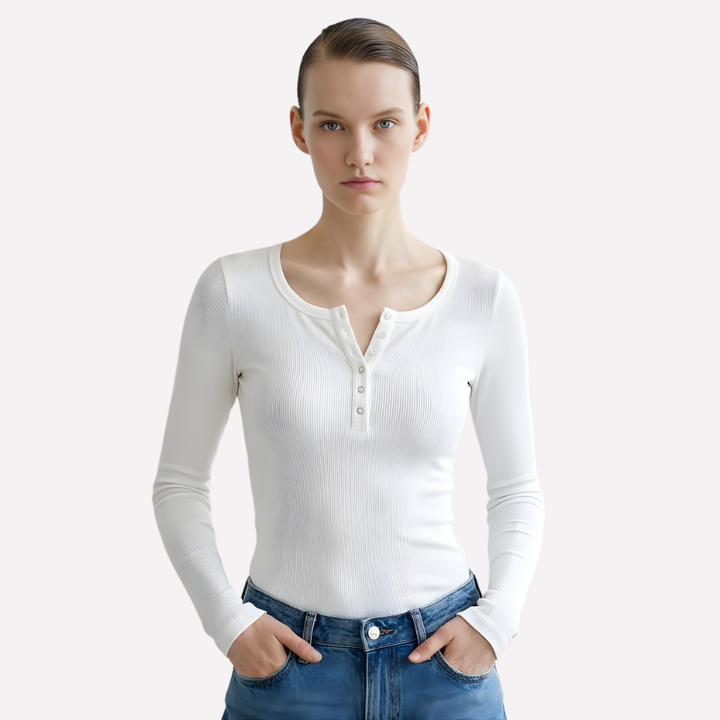 Women's ribbed long sleeve Henley top in a versatile color, ideal for casual everyday wear.