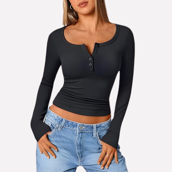 Stylish women's long sleeve ribbed Henley top, a perfect choice for fall & winter outfits.