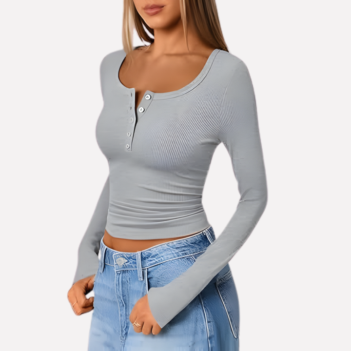 Comfortable women's ribbed long sleeve Henley knit top, an essential for cozy daily fashion.