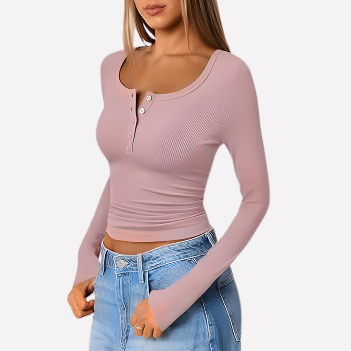 Soft ribbed knit women's long sleeve Henley top, designed for everyday comfort & layering.
