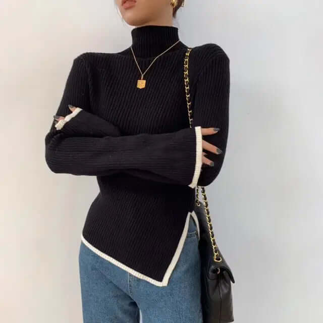 Women's ribbed turtleneck sweater with stylish flared sleeves, a cozy knit top for fall fashion.