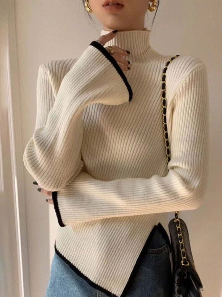 Ribbed knit turtleneck sweater with fashionable flared bell sleeves for women, a cozy and stylish top.
