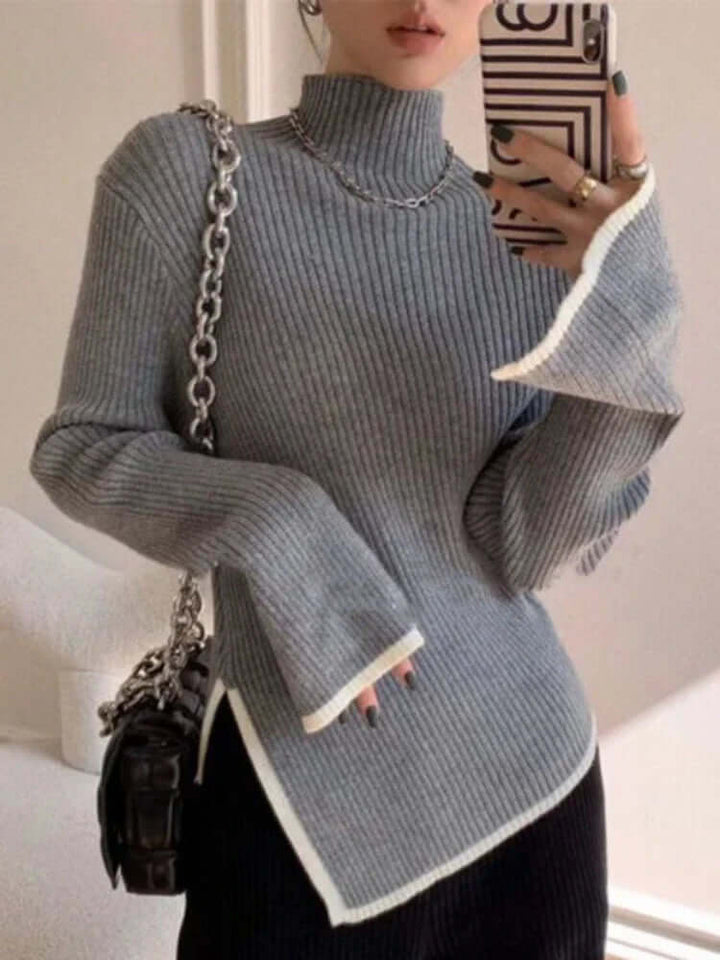 Women's cozy ribbed turtleneck sweater, a versatile long sleeve knit with chic flared sleeves for any occasion.