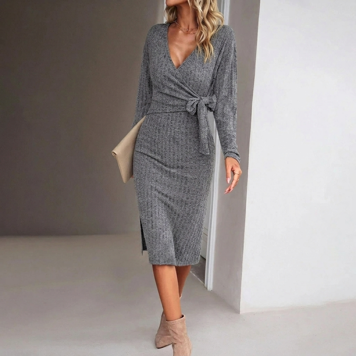 Comfortable women's long sleeve ribbed knit wrap midi dress, a versatile and elegant choice for any occasion.