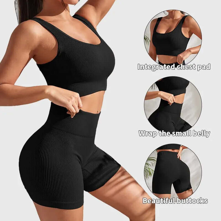 Versatile women's ribbed matching set, great for yoga, fitness, or as comfortable loungewear, combining style & function.