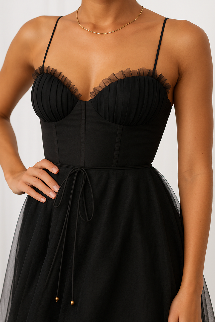 Romantic women's corset midi gown, perfect party dress. Elegant spaghetti strap design for special occasion evening wear.