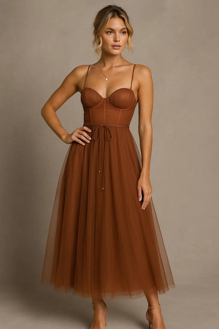 Formal women's midi gown with a romantic corset and flattering fit. Ideal elegant dress for evening wear & special occasions.