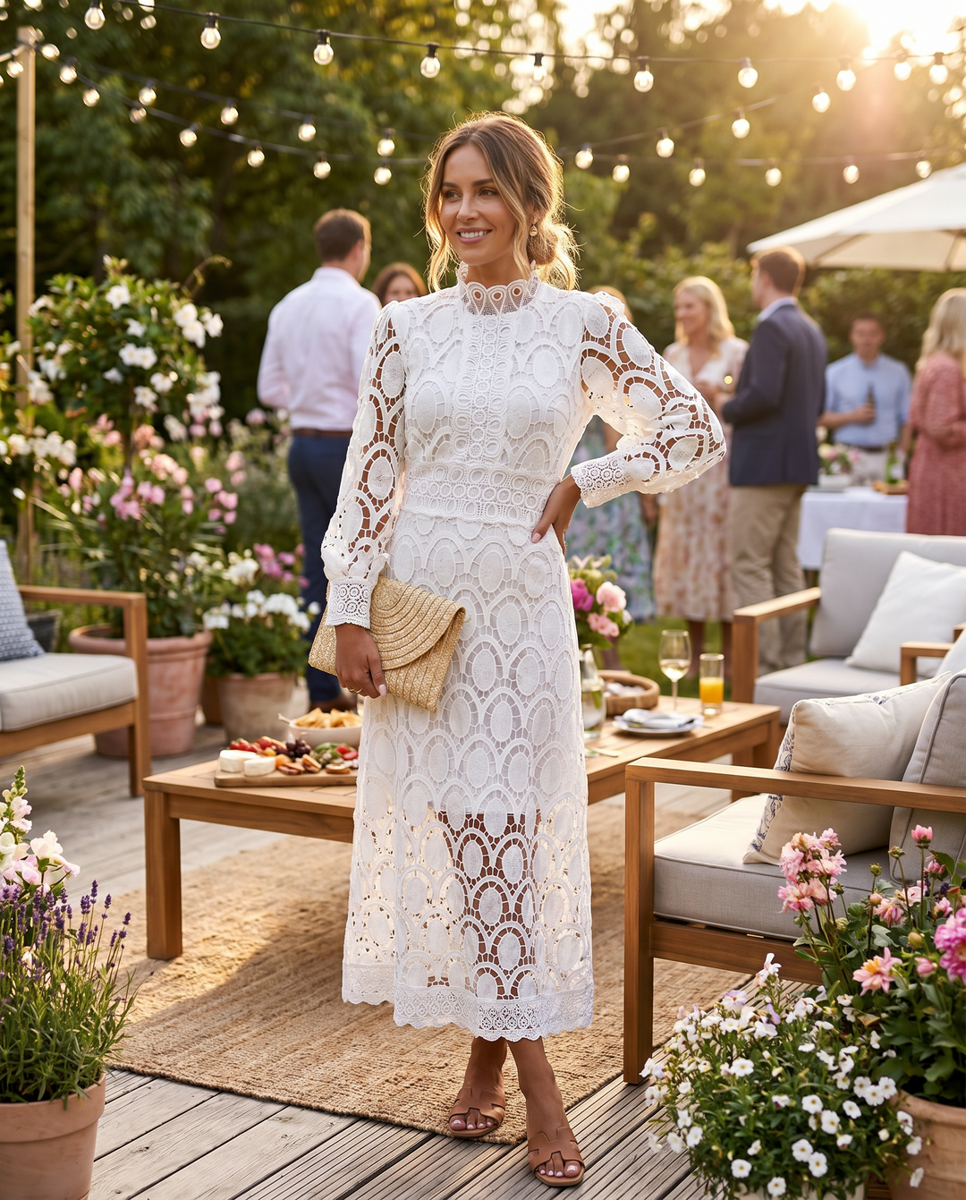 Women's romantic flowy maxi dress, perfect for summer parties & elegant evening wear. High neck, long sleeve.