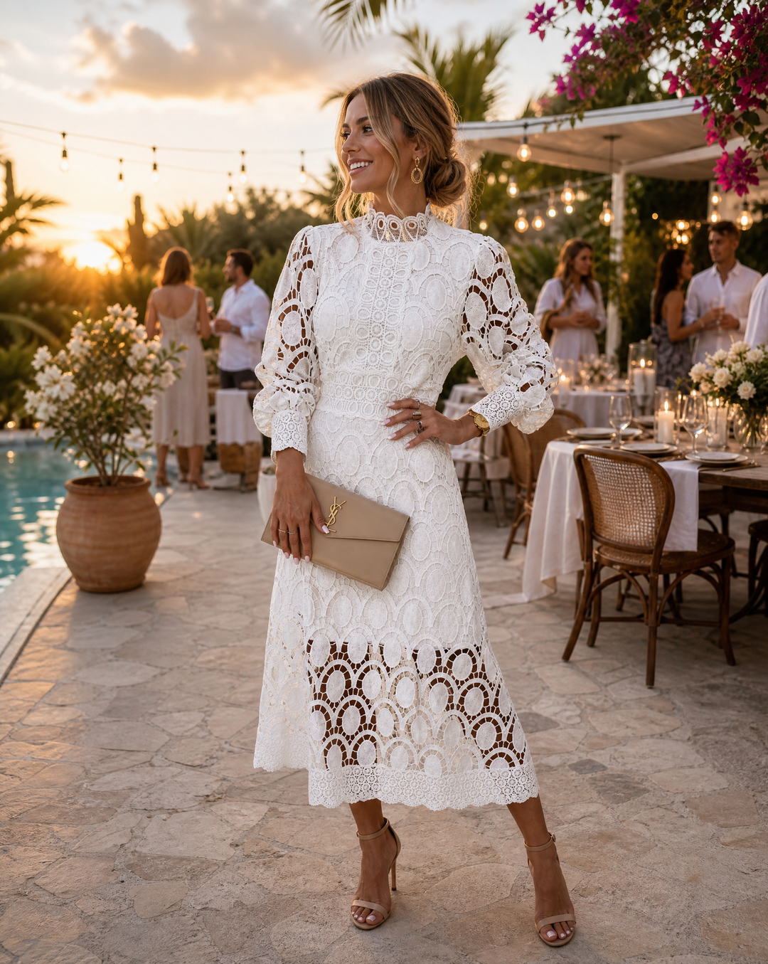 Elegant women's high-neck, long-sleeve maxi dress. Flowy design ideal for summer special occasions.
