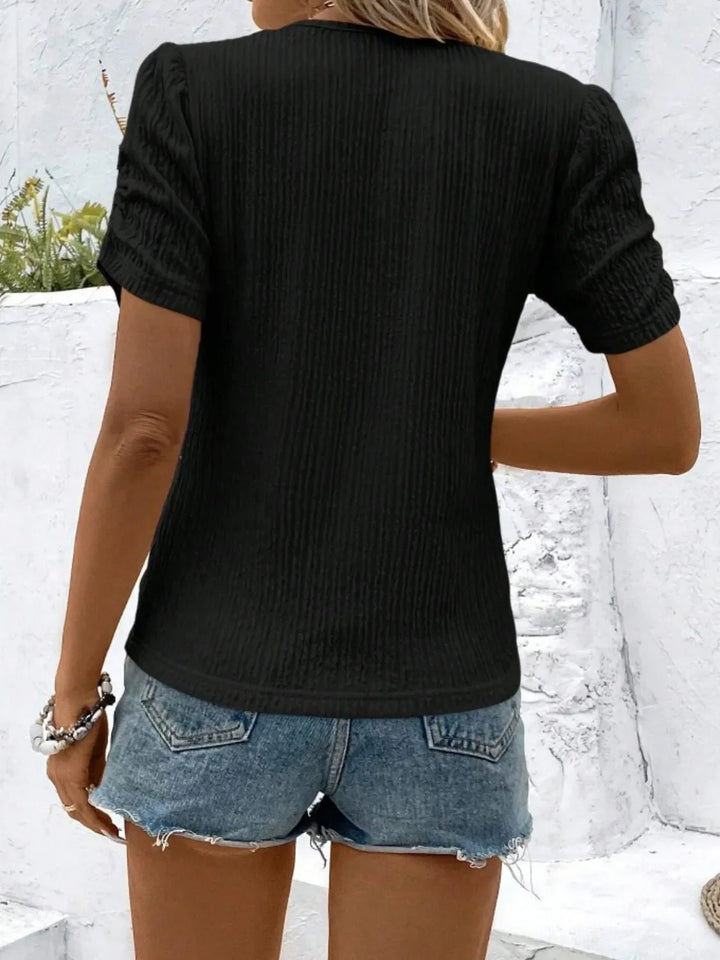 Flattering fitted women's ruched short sleeve top, a must-have knit blouse.