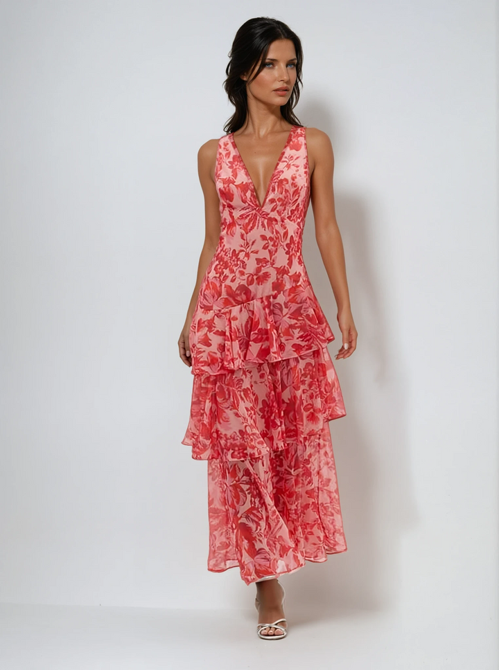 Women's ruffle floral V-neck midi dress for summer. Flowy tiered style perfect for vacation elegance.