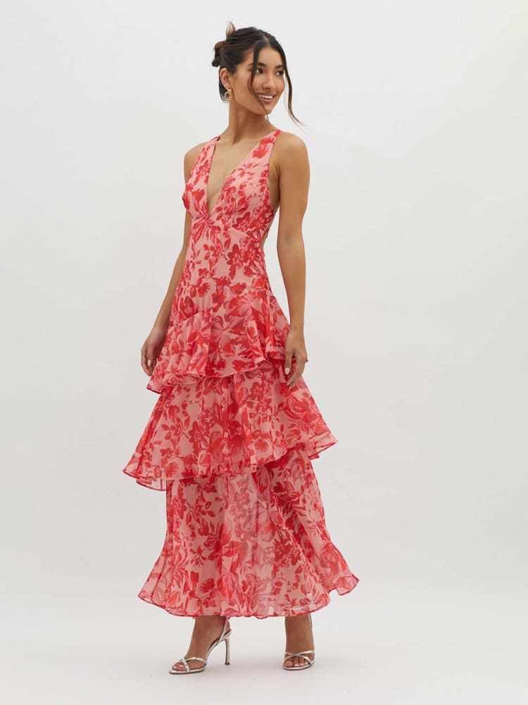 Beautiful women's floral midi dress with delicate ruffles and a chic V-neck, perfect for any summer occasion.