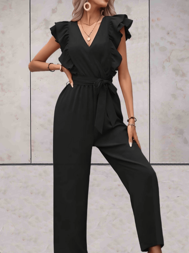 Women's Ruffle Sleeve V-Neck Jumpsuit, a chic and versatile one-piece for any occasion.