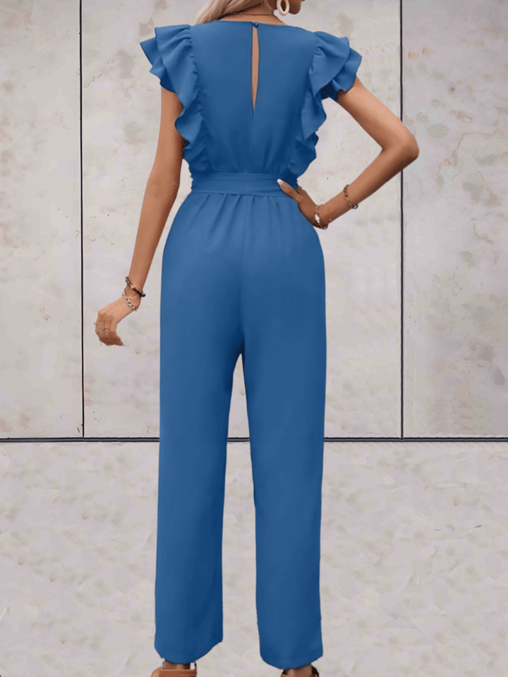 Sophisticated women's one-piece with a V-neck and playful ruffle sleeves for an effortlessly chic look.