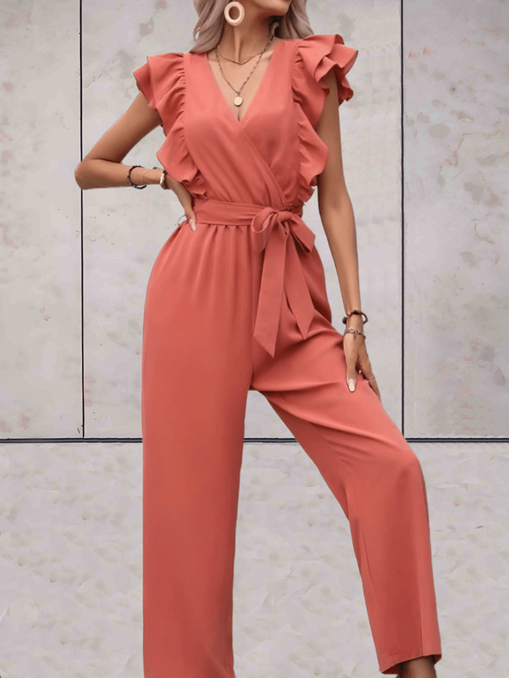 Comfortable & chic women's V-neck jumpsuit with ruffle sleeves for everyday style and versatility.