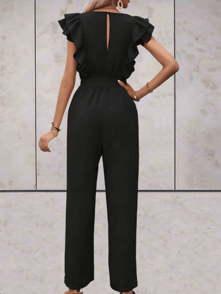 Chic V-neck women's jumpsuit with elegant ruffle sleeves, perfect for fashion-forward style.