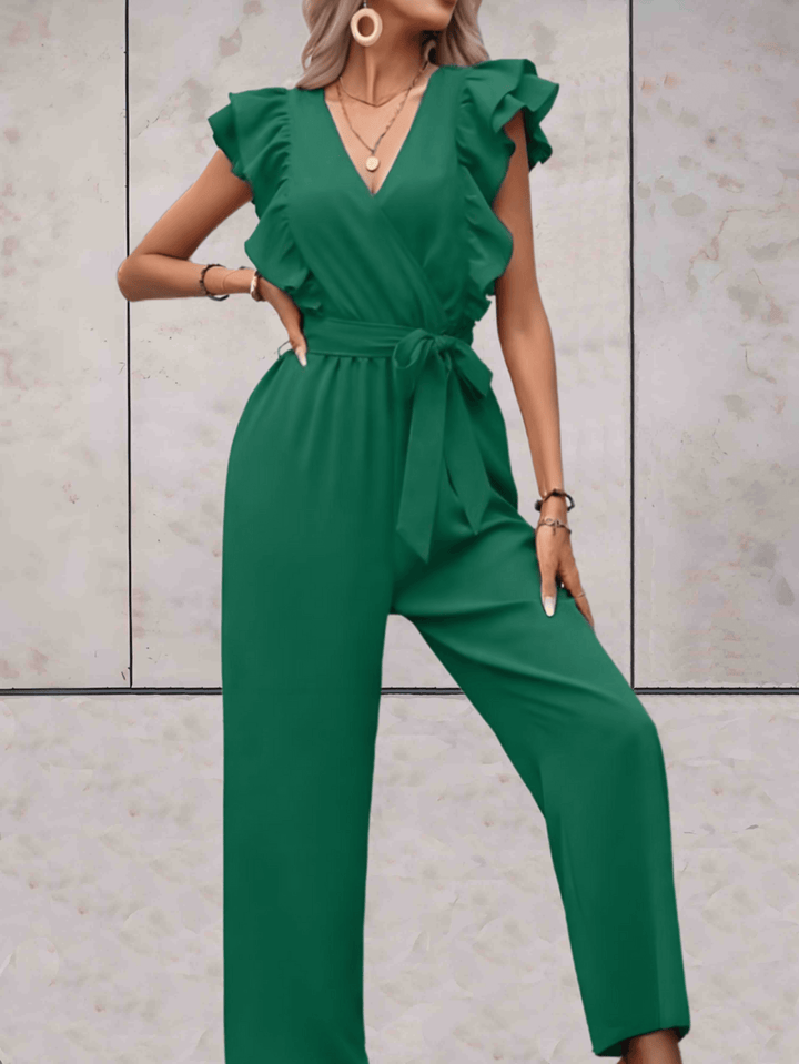 Elegant women's one-piece jumpsuit with stylish ruffle sleeves and a sophisticated V-neckline.