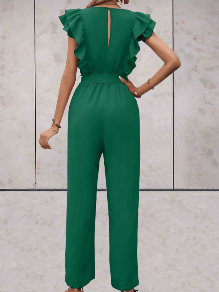 Fashionable V-neck women's jumpsuit featuring trendy ruffled short sleeves, a modern chic look.