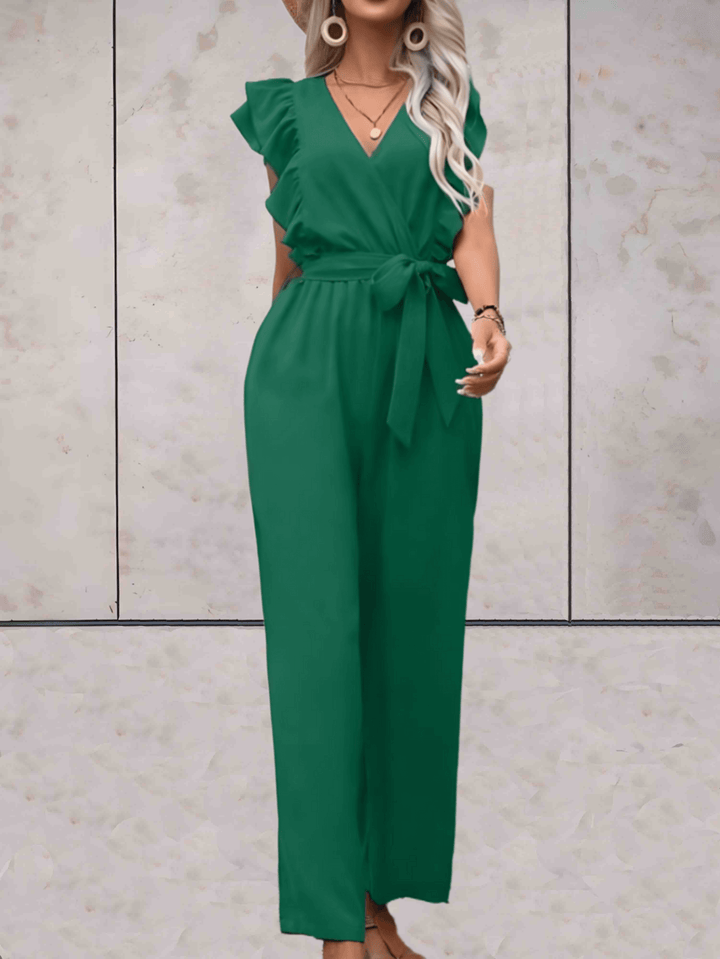 Stylish women's complete outfit: a V-neck jumpsuit with delicate ruffle sleeves for effortless grace.