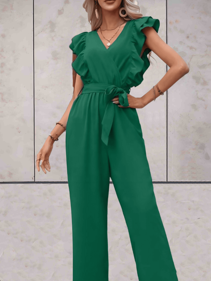 Chic & versatile women's V-neck jumpsuit with elegant ruffle sleeve details, perfect day-to-night wear.
