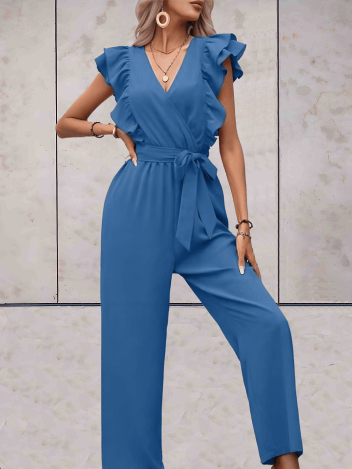 Flattering V-neck women's jumpsuit with elegant ruffle sleeves, perfect for any special occasion.