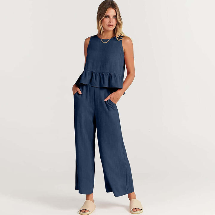 Women's ruffled sleeveless top and wide-leg pants two-piece set for casual summer wear.