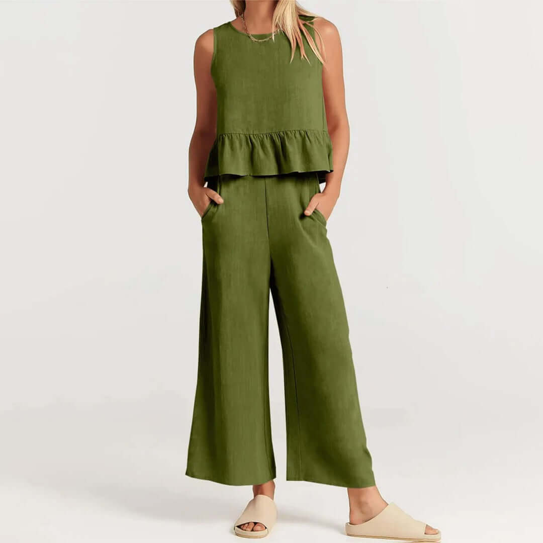 Wide-leg pants & ruffled sleeveless top set for women, ideal for spring casual style.