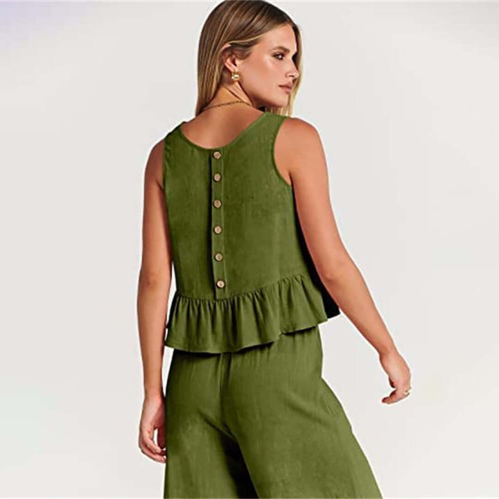 Women's casual summer set: A pretty ruffled sleeveless top & comfortable wide-leg pants.