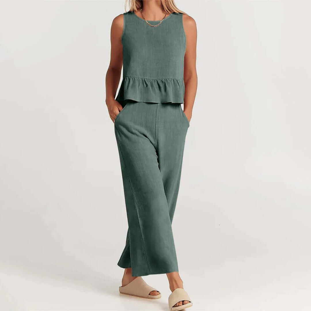 Trendy women's two-piece outfit with a sleeveless ruffled top & wide-leg pants.