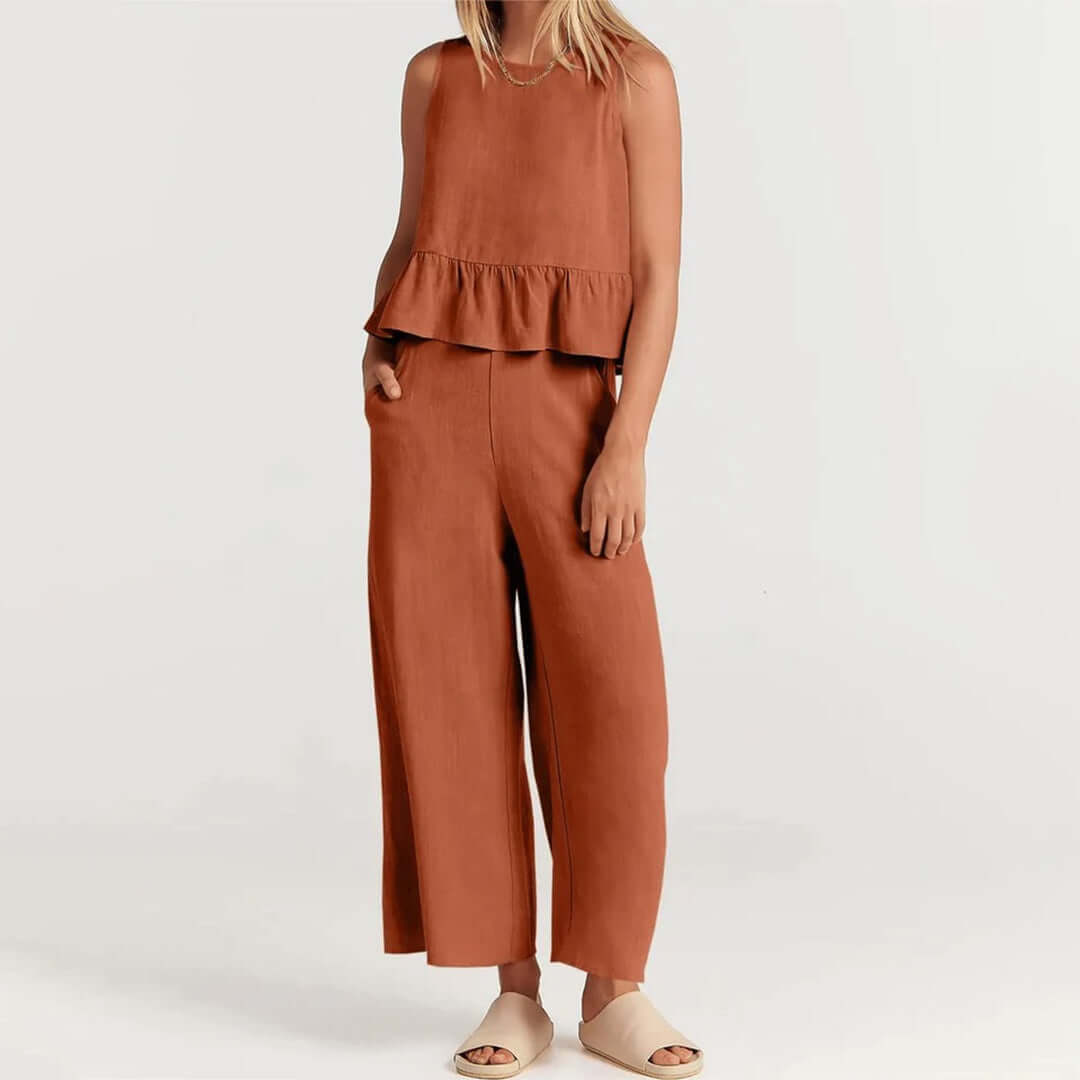 Elegant women's two-piece set: a sleeveless ruffled top & wide-leg pants, casual style.