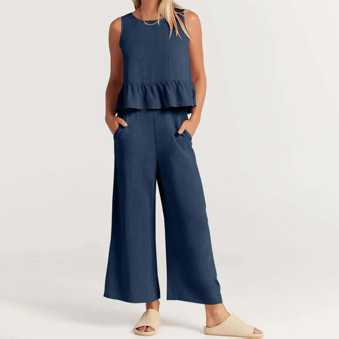 Comfortable women's spring style set with a relaxed fit ruffled top & wide-leg pants.