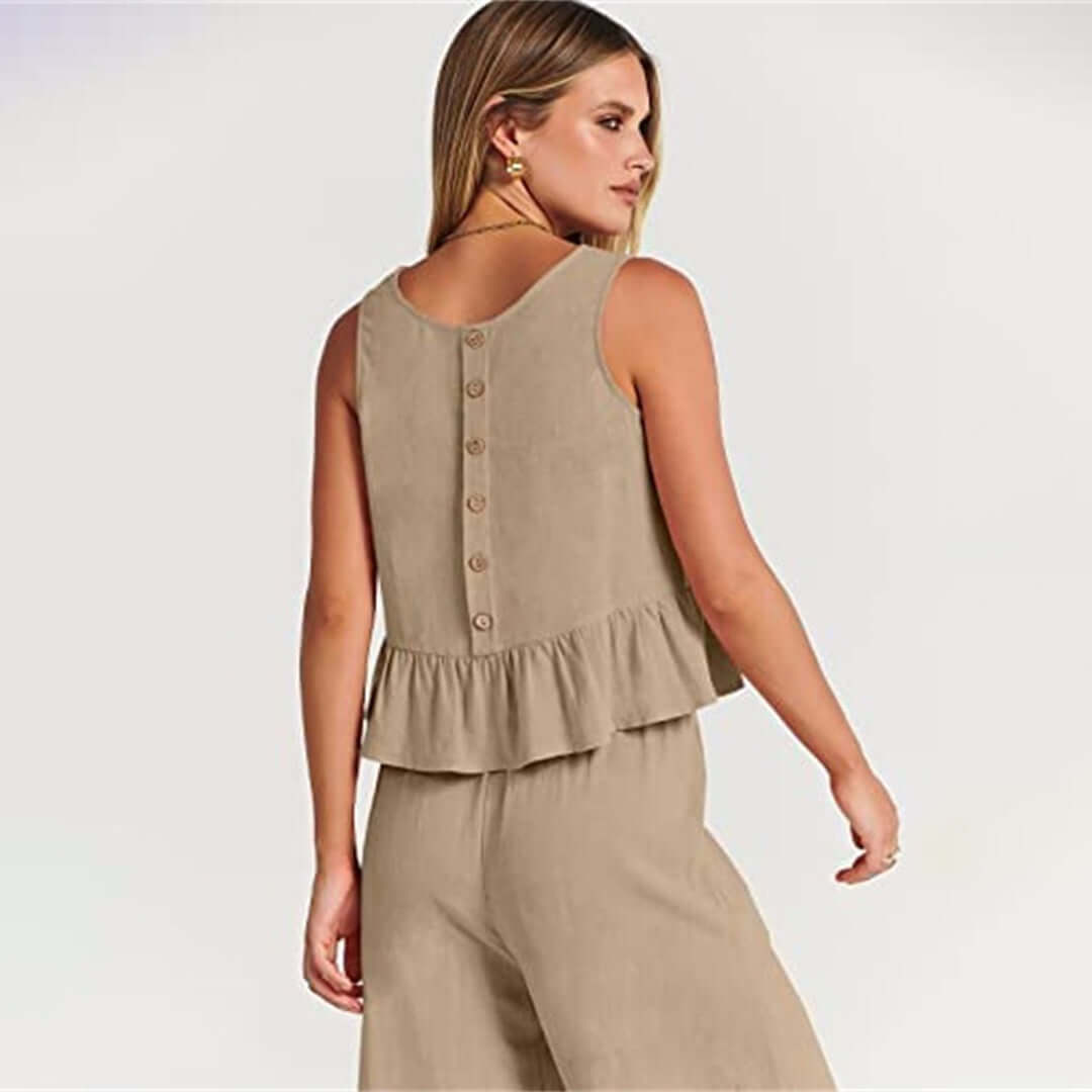 Versatile women's summer set: a sleeveless ruffled top and wide-leg pants combo.